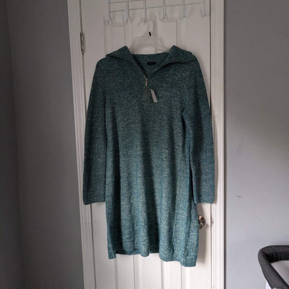 Women's Talbots Sweater Dress, Zipper Collar, Long Sleeve, Blue, Size L, NWT